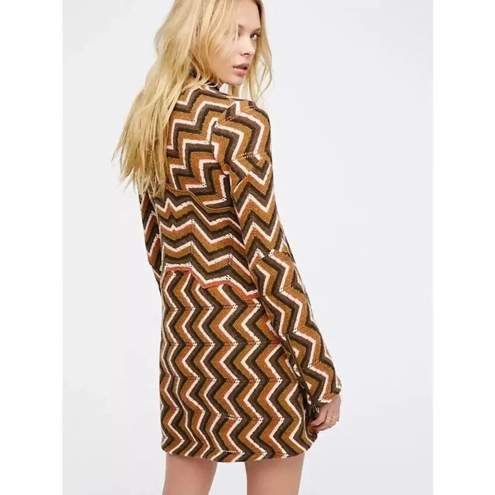 Free People Rhiannon Chevron Wool Blend Sweater Dress Neutral Combo Size S - Picture 2 of 11